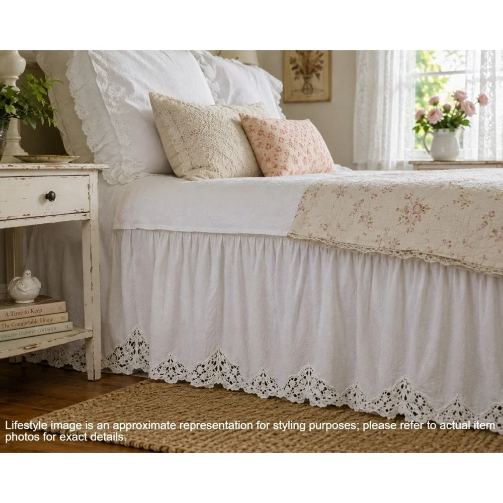 Vintage 100% Cotton Queen Bed Skirt White Eyelet Crochet Lace 14
